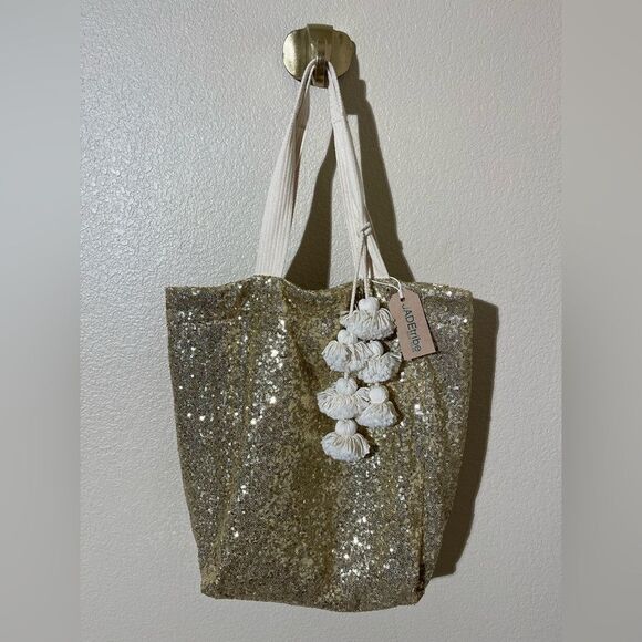 Anthropologie Handbags - Anthropologie JadeTribe Gold Sequin Tote with Cream Tassels